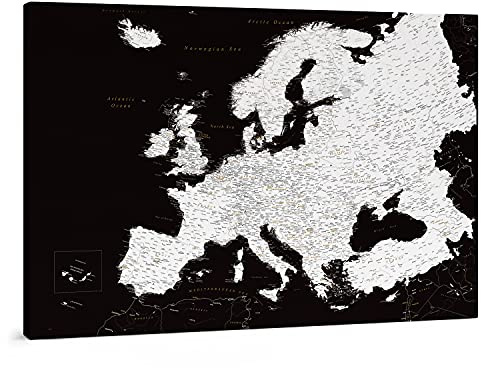 Trip map Detailliert Europa Karte Stecknadel - Leinwand Karte Pinnwand mit Pins - Europakarten Kork Zum Markieren - Kunstdruck auf Echtholz Keilrahmen - Modernes Schwarz