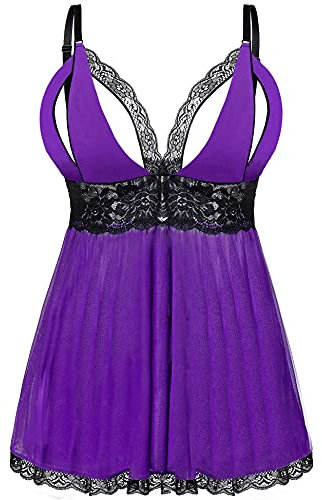 EVELIFE Lingerie Donna Sexy Pizzo Floreale Taglie Forti Babydoll e G-String Set Scollo a V Camicia da Notte Trasparente Completo Intimo Biancheria da Notte (Viola L)