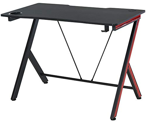 HOMCOM Gaming-Tisch Schreibtisch mit Kopfhörerhaken Getränkehalterung Computertisch Stahl + MDF Schwarz 105 x 55 x 75 cm