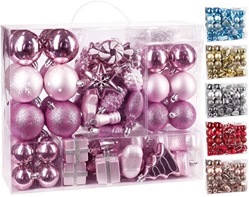 BRUBAKER 77-teiliges Set Weihnachtskugeln Christbaumschmuck - Kunststoff Rosa/Silber