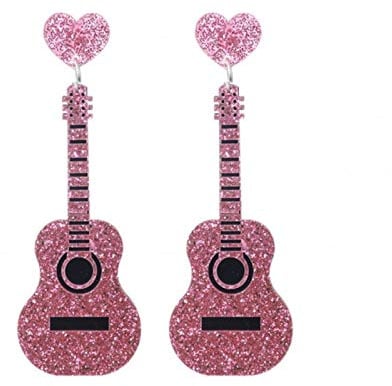 QIN Mode Vintage Chic Brillant Forme De Guitare Boucles d'oreilles pour Femmes Peach Coeur Mini Instruments Glitter Poudre Rose Boucles d'oreilles