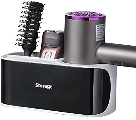 kuivoo Hair Dryer Holder Wall Mounted,Multifunctional Plastic Self-Adhesive Hairdryer Holder,Hair Tool Organiser with Storage Boxes,Bathroom Hair Dryer Rack (Black)