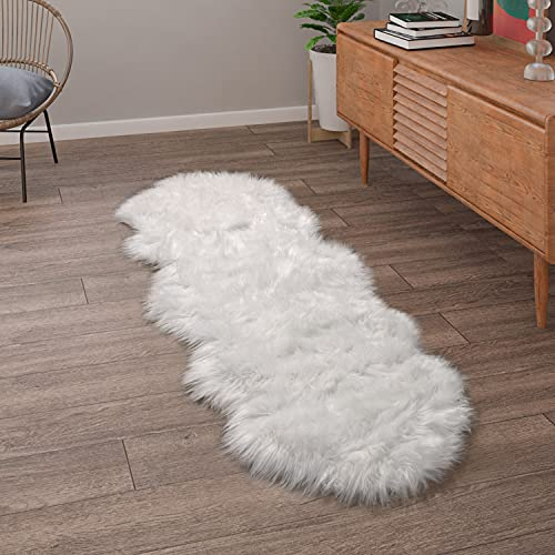 Paco Home Kunstfell Fellteppich Imitat Teppich Hochflor Sitzkissen Herzform Rund Fell Form, Grösse:55x160 cm Fell-Form, Farbe:Weiß