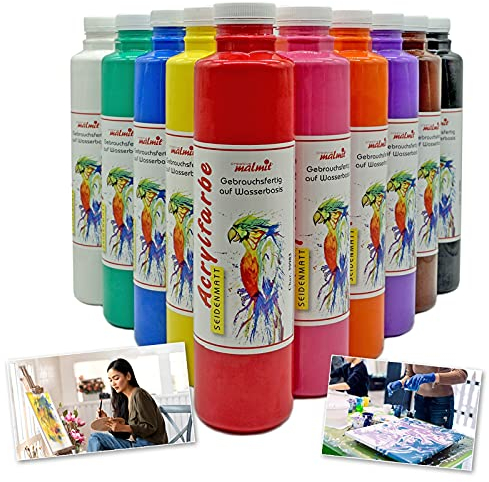 malmit Creative hochwertige Acrylfarben 10er Set je 750ml | Künstler Farben in Seidenmatt | hochdeckende Malfarben | Made in Germany | perfekt geeignet für Pouring