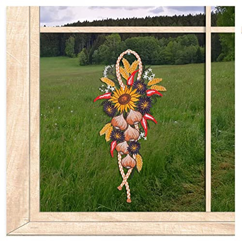 atelier alles-Spitze Küchen-Fensterbild Zwiebelzopf, BxH 19 x 43 cm | Zeitloses farbiges Design, Wiederverwendbarer Fensterschmuck, Vogtländische Luftspitze, inkl. Saugnapf