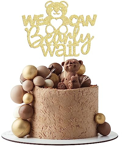 Gyufise 1 x Kuchendekoration mit Aufschrift We Can Bearly Wait Babyparty, Babyparty, Kuchendekoration für Babyparty, Geschlechtsoffenbarung, Party-Dekoration, Zubehör, Gold-Glitzer