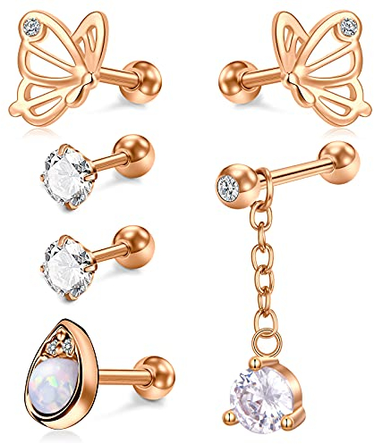 D.Bella Boucle d'oreille Clou de Cartilage Helix Stud Tragus Anneaux 16G en Acier Inoxydable Tragus Avant Helix de Or Rose Piercing Bijoux 6Pcs