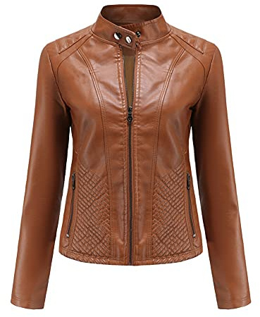 YFFUSHI Giacca bomber da donna in finta pelle, da motociclista, a maniche lunghe, con cerniera, stile casual, Cammello, XL
