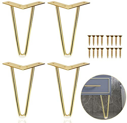 LOLYSIC Lot de 4 pieds en épingle à cheveux dorés en métal robuste pour table basse, armoire, chaise, canapé, support TV, meubles à faire soi-même, avec vis de protection de sol - 20 cm