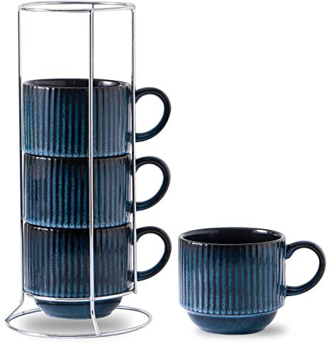 Hasense Large Coffee Mug Set of 4 with Holder - 15 Oz Stackable Ceramic Ribbed Latte Cup Set for Cappuccino, Tea, Hot Cocoa, Drinks - Dishwasher & Microwave Safe, Navy