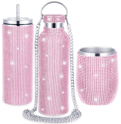 Rtteri 3 Pcs Bling Water Bottle Rhinestone Stainless Steel Bling Cup Stemless Glitter Tumbler Insulated Rhinestone Tumbler with Chain, Lid and Straw for Women Coffee Martini Wine Cups Mug (Pink)