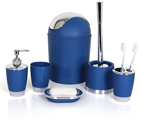 MR TANGMEN 6 Pieces Set Bathroom Accessories, Fashion Simple Plastic Sturdy Home Hotel Bathroom Set Toilet Brush, Trash Can, Tooth Mug, Toothbrush Holder, Lotion Bottles, Soap Dish Dark Blue