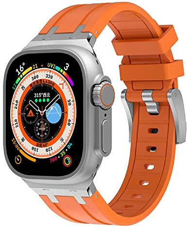 VeveXiao Bracelet robuste de luxe compatible avec Apple Watch Ultra Band 49mm 45mm 44mm 42mm, bracelet de rechange étanche en silicone pour iWatch Series 8 7 6 5 4 3 2 1 SE, Orange argenté