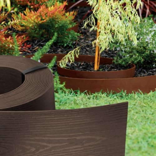 GARDENIX WoodBorder - Borde Flexible con Aspecto de Madera (plástico, Longitud 10 m, Altura 8 cm), Color marrón