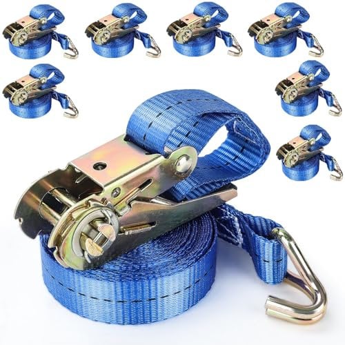 Youyijia 8x 800 kg 5M Ratchet Straps 25 mm Ratchet Tie Down Straps Load Securing Straps with J-Hooks and Adjustable Buckle Heavy Duty Tensioning Belts for Trailer Motorcycle SUP Kayak Luggage Cargo