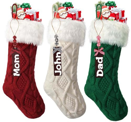 SOMYTING 3 Stück Weihnachtsstrumpf Gestrickte Wolle Weihnachtsstrumpfe mit Namensschildern Weihnachtssocken Deko Christmas Stockings für Weihnachtsfeier Weihnachtsdekorationen und Kindergeschenke