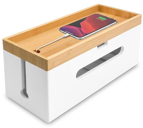 Otauoaea Caja Cables en Madera - Caja Organizadora de Gestión de Cables - Oculta y Guarda los Cables - Caja Recoge Cables Mesa y Escritorio - Blanco