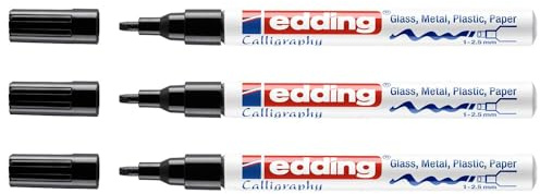 Edding Set mit 3 Markern, glänzend, CALLIGRAPHIE 753, Schwarz, mittlere Spitze, 1 – 2,5 mm