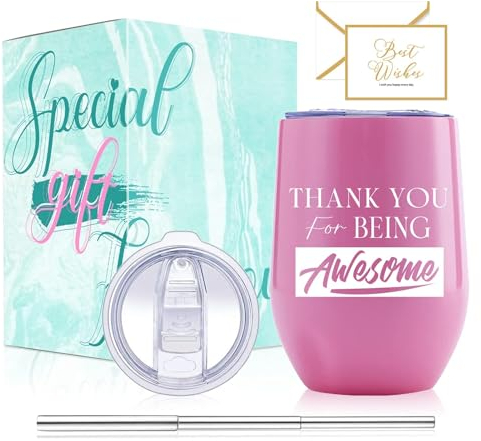 HIYAA Mothers Day & Birthday Gift for Women - 12oz Vacuum Insulated Wine Glass with Lid & Straw