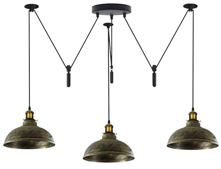 DC VOLTAGE Pendelleuchte mit Gleichspannung und Flaschenzug, 3-flammig, kuppelförmiger Lampenschirm, höhenverstellbares Kabel mit Flaschenzug, E27-Sockel (Gebürstetes Messing)