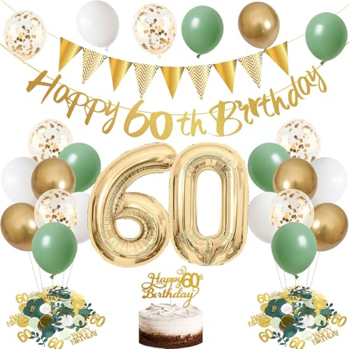 60. Geburtstag Deko Frau Mann,Deko 60 Geburtstag Avocado Grün,60 Geburtstagsdeko Grün Weiß Gold Luftballons mit Banner Dekorationen,Konfetti 60 Geburtstags Deko für 60 jahre Geburtstagsdeko