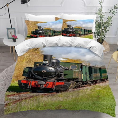 ARiXIaNg Zug Eisenbahn Bettwäsche 135x200 Kinder Jungen Mädchen Retro-Dampfwagen Bettwäsche-Set mit Reißverschluss Weiche Mikrofaser Bettbezug 3D Druck Bettbezüge mit 2 Kissenbezug 80x80