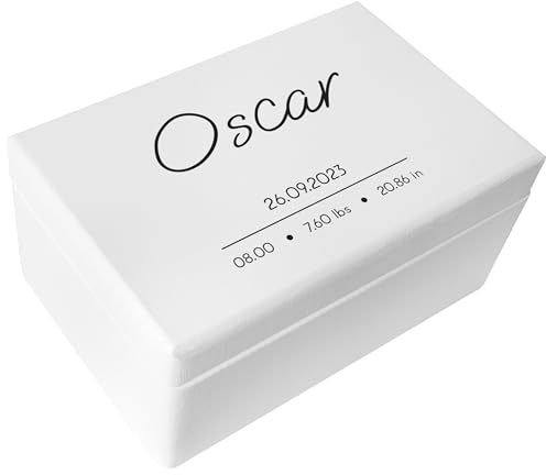 Creative Deco Weiße Erinnerungsbox Baby Personalisiert mit Namen 30x20x14cm | Pünktchen | Individuelle Erinnerungskiste Geschenk zur Geburt für Mädchen und Jungen | Holzkiste mit Deckel
