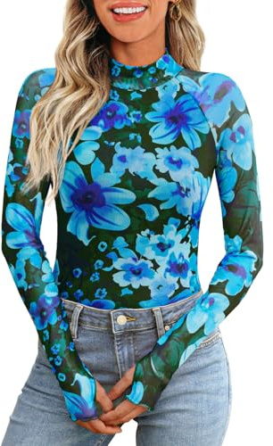 Dealmore Lace Sheer Long Sleeve Floral Mesh Mockneck Trendy Cute Going Out Tops for Women Fall Fashion Outfits 2025 Clothes, Floral Blue, S