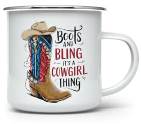 MAXIKIWI Langlebige Emaille-Kaffee- oder Tee-Camping-Tasse für drinnen und draußen, Western-Cowboy, 350 ml