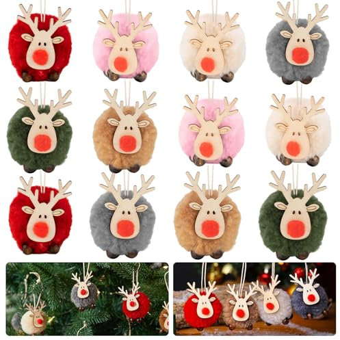 12 Stück Weihnachtsbaum Anhänger, Weihnachtsanhänger Elch Deko Filz Holz Weihnachtsdeko, Elch Weihnachtsdekoration Christbaumschmuck für Weihnachtsbaum, Feiertag, Party Deko