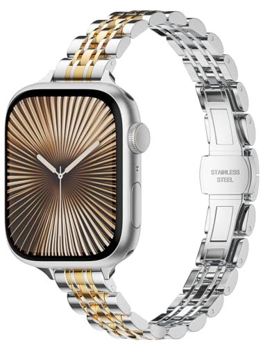 Tuocal Slim Metal Straps Compatible with Apple Watch Strap 41mm 40mm 38mm 42mm(Series 10) for women men, Thin Stainless Steel Elegant Jewelry Chain Strap for iWatch Series 10/9/8/7/6/SE/5/4/3/2/1