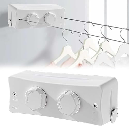 Corda per Biancheria Retrattile, 5,1m Doppio Filo Stendibiancheria in Acciaio Inox Riavvolgibile Corda da Biancheria Regolabile Stendibiancheria a Scomparsa da Esterno per Interni ed Esterni (C)