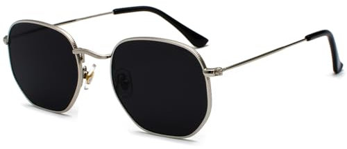 RUNHUIS Retro Polygon Sonnenbrille für Damen und Herren, Modische Quadratische Brille, Ultraleichter Metallrahmen (Silber/Schwarz)