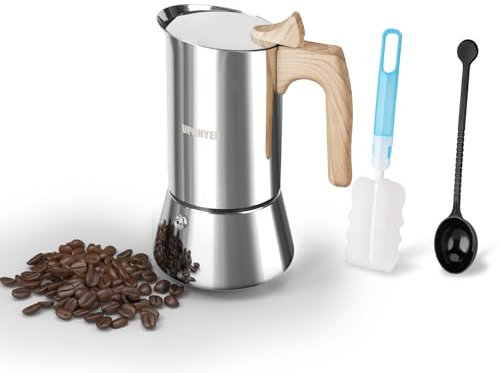 UPOHYEE Cafetière à expresso, à induction, convient aux plaques à expresso, 6 tasses, 300 ml, en acier inoxydable 304 + 430, avec cuillère doseuse et brosse éponge, (KPS9)
