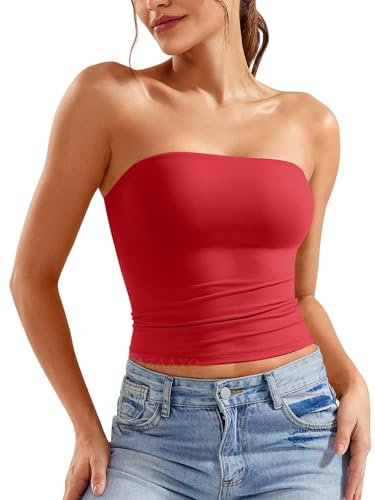 ZAAYO Schulterfrei Tube Top Damen Bandeau Top Y2K Slim Fit Crop Top Sexy Sommer Tops Doppelt Gefüttert Tank Top Rot S