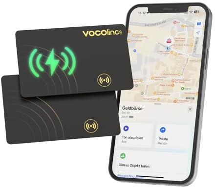 VOCOlinc Wiederaufladbar Wallet Tracker Karte 2 Pack, Ultra Thin 1.6mm Air Tag Card Funktioniert mit Apple Wo ist? APP (Nur iOS), Bluetooth Item Finder für Reisepässe/Koffer/Taschen/Geldbörse