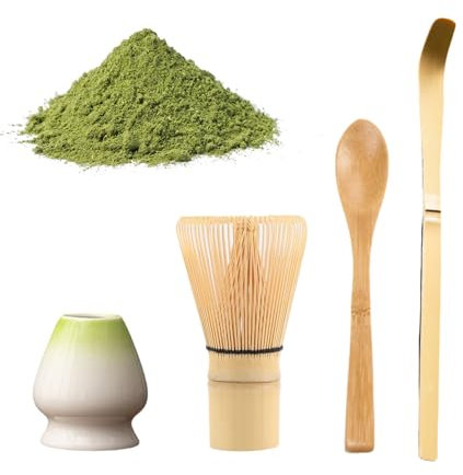 Satiskid 4 PCS Matcha Whisk Set, Ceramic Chasen Holder, Bamboo Tea Scoop, Bamboo Chasen, Chashaku, Tea Ceremony Accessory for Making Matcha, Japanese Matcha Tea Tool Set