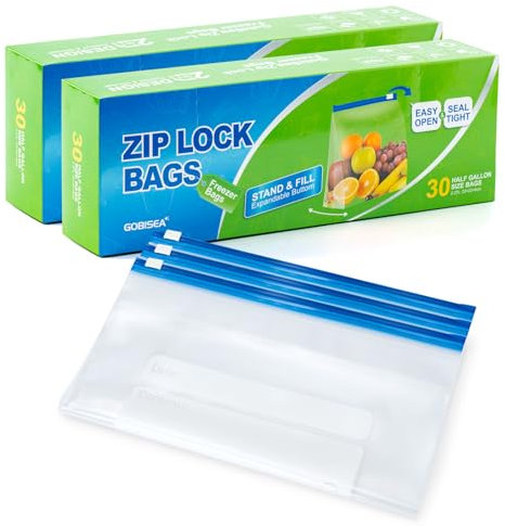 GobiSea 60 Pcs Zip Lock Freezer Bags - 2.27L, Ziplock Sandwich Bags Food Storage Bag Zip Seal, BPA-Free Freezer Bag Ziplock with Expandable Bottom for Fruits, Veggies, Meat, Snacks