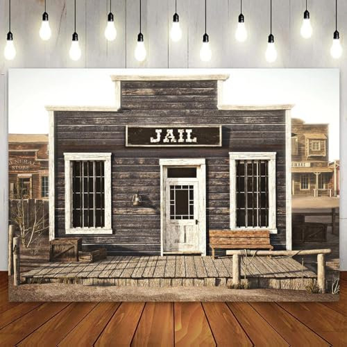 Westernstadt Saloon Land Gefängnis Bank Taverne Bar Club Jahrgang Holzhaus Stall Cowboy Thema Party Dekor Hintergrund 210X150cm