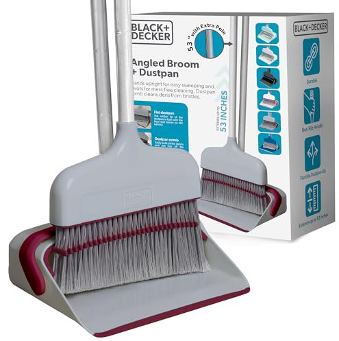 BLACK+DECKER Butler Broom & Dustpan Set - Stand-Up Design - Lightweight, Space-Saving Combo for Kitchen, Living Room, Bathroom, Lobby Floors - Home Cleaning Essential, Light Gray/Burgundy