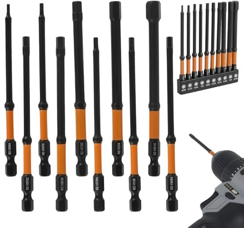Hex Key Bit Set for Impact Drills 10pcs (SAE), 1/4” Hex-Shank S2 Steel Hex Bits Range from 5/64 to 5/16, 4 Long Hex Allen Key Bits with Magnetism