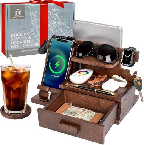 Station d'accueil en Bois pour téléphone Portable avec tiroirs, Compatible avec Apple Watch - Station de Recharge en Bois, Table de Chevet pour Homme, Tablette, clés, Lunettes, EDC