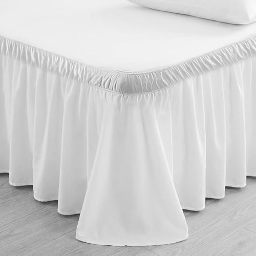 Gefalteter Bettrock, 150x200x38cm Bettrock zum Umwickeln, Elastische Bett Wrap Ruffled, Ruffled Solid Bed Rock Bettvolant Lichtbeständig Bettumrandung für Schlafzimmer Hotel Bett(Queen, Weiß)