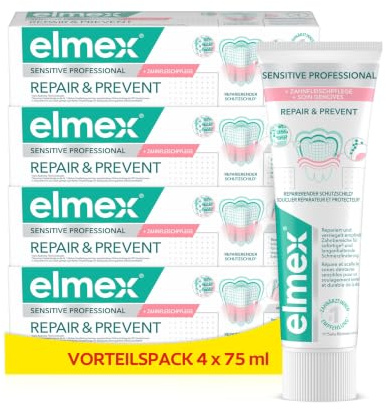 elmex Zahnpasta Sensitive Professional Repair & Prevent 75 ml – medizinische Zahnreinigung für sofortigen*, anhaltenden Schutz – beugt Zahnfleischrückgang & neuen Schmerzen vor (Packung mit 4)