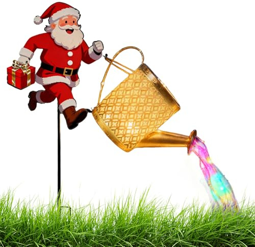 Bouilloire à thé solaire Père Noël Père Noël - En métal solaire LED Pichet d'arrosage - Éclairage de la bouilloire de jardin et du sol - Pour jardin, cour, chemin, terrasse, pelouse e