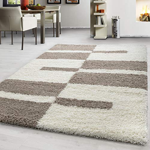 Teppium Moderner Hochflor Teppich Wohnzimmer 120 x 170 cm Beige - Shaggy Flauschiger Teppich, Extra Weich, Pflegeleicht und Kariertes - für Schlafzimmer, Küche und Esszimmer