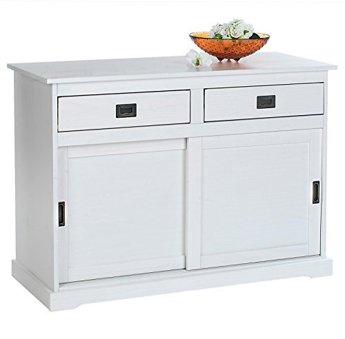 IDIMEX Buffet Salle à Manger Savona L 110 cm en Bois Massif Blanc 2 tiroirs 2 Portes coulissantes Meuble Rangement avec poignées en métal bahut vaisselier Commode 110 x 84 x 46 cm