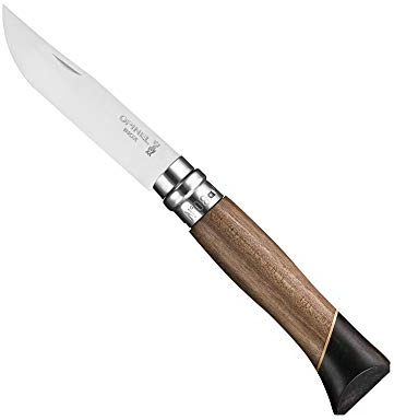 Opinel - N°08 Atelier Couteau de Poche - Lame 8,5 cm Acier Inox, Manche Noyer, Talon Ébène, Feuille d'Érable, Bague de Sécurité Virobloc - Fabrication Française
