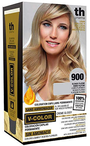 Thader Th Pharma V-Color Kit de Tinte permanente Sin Amoniaco con Oro Líquido 100% Cobertura de canas, 120 ml (No. 900 Rubio platino)
