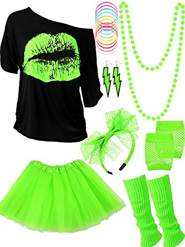 Blulu 80 Jahre Kostüm Zubehör Set, T-Shirt Tutu Stirnband Ohrring Halskette Beinlinge(L,Fluoreszierendes Grün)